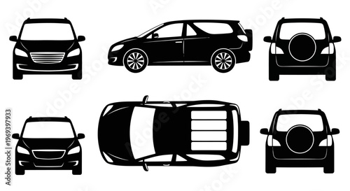 Black Silhouette of a Modern SUV/Crossover Vehicle from Multiple Angles