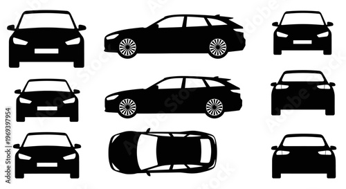 Black Silhouette of a Station Wagon Car from Multiple Angles: Front, Side, and Top Views