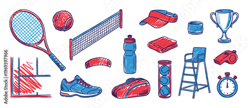 Various hand-drawn tennis and squash equipment items are depicted in a vibrant red and blue sketch style