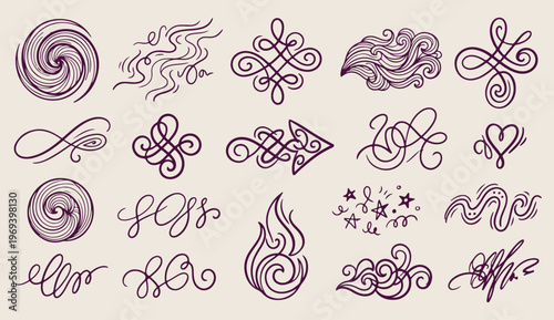 Purple swirl doodles, elegant flourish art, decorative scroll illustration, artistic ink markings, purple ornamental vector, feminine swirl design, creative line graphic

