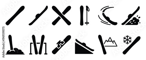 Collection of black ski and snowboard related icons in various poses, depicting winter sports activities