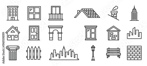 Diverse collection of black outline icons representing various architectural elements and urban landscape features, presented clearly