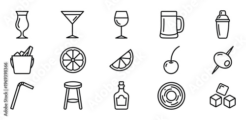 Collection of black outline bar and cocktail icons including various glasses, fruits, and accessories, presented in a clean, modern style
