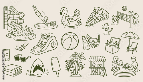 Beach vacation leisure, summer travel doodle, poolside fun vector, holiday lifestyle line art, tourism icons pattern, ocean weekend background, hand 