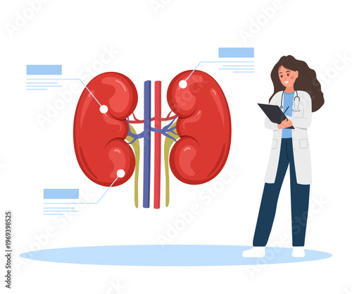 Nephrologist concept. Kidney disease and internal organ health. Human anatomy and treatment in a flat style. Healthy renal system or chronic illness care.