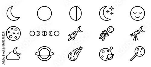Collection of black outline space icons including moon phases, planets, rockets, and an astronaut, presented clearly