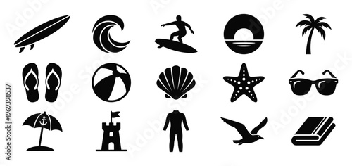 Collection of black silhouette beach and summer icons including a surfboard, flip-flops, and a palm tree