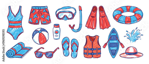 Vibrant collection of hand-drawn summer vacation and beach items in a playful doodle style, featuring swimwear, snorkeling gear, and water sports equipment