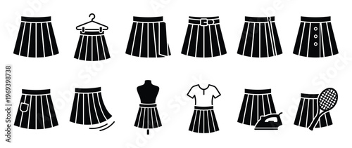 Collection of black pleated skirt icons displayed in various styles and contexts, presented as a clean graphic illustration