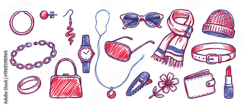 Collection of hand-drawn women's fashion accessories, including jewelry, sunglasses, scarf, and makeup, in a vibrant sketch style