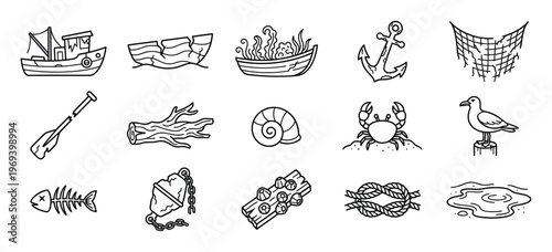 Collection of hand-drawn black and white nautical elements including boats, anchors, fishing nets, and sea creatures in a clean, graphic style