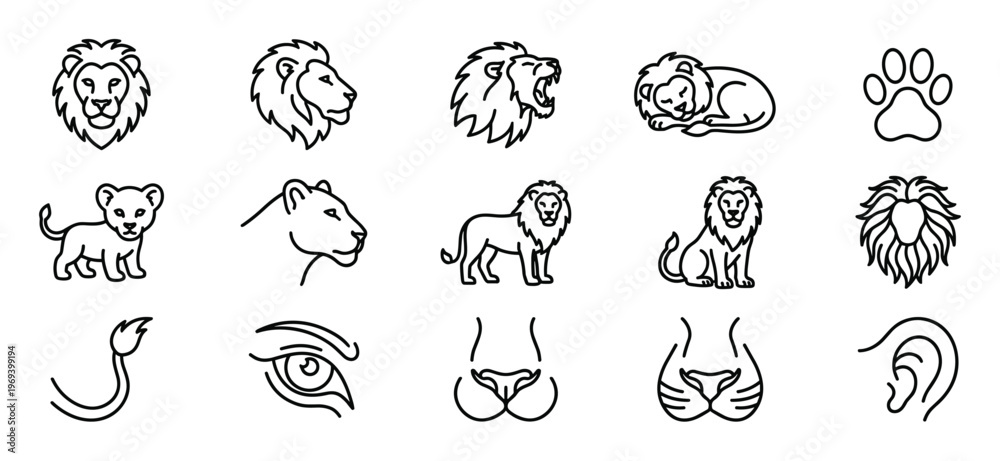 Fototapeta premium Collection of various simple black outline lion icons and related elements, including heads, full bodies, and paw prints