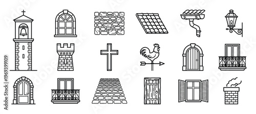 Collection of architectural outline icons including a church tower, arched window, stone wall, and roof tiles