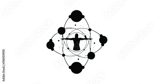 Abstract representation of human anatomy within an orbiting atomic structure, symbolizing science and life.