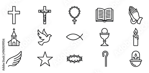 Collection of fifteen black outline Christian religious symbols and icons, including crosses, rosary, Bible, praying hands, church, dove, fish, chalice, candle, wing, star, crown of thorns,