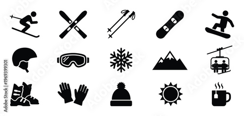 Collection of black silhouette winter sports and cold weather icons, including skiers, snowboarders, equipment, and related elements