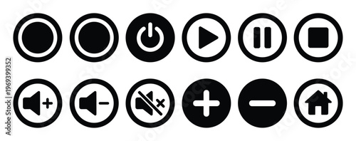 Collection of black and white circular media player and control icons for digital interfaces and web design