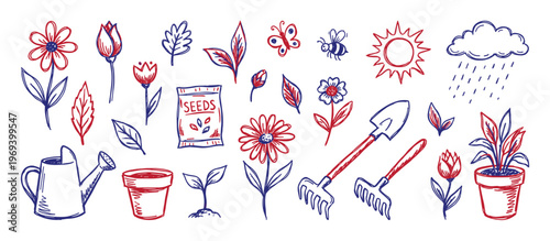 Hand-drawn red and blue gardening elements with flowers, tools, and weather icons, creating a charming doodle collection