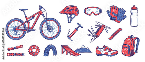 Various hand-drawn red and blue mountain biking equipment and accessories are arranged neatly in a collection