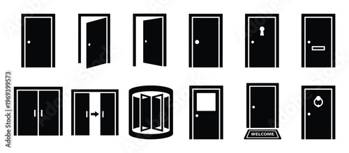 Collection of various black door icons and symbols, including open, closed, and revolving designs, presented in a clean graphic style
