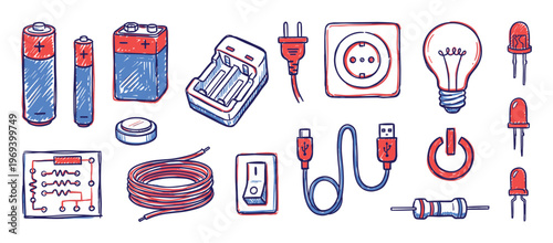 Various hand-drawn electrical components and devices, including batteries, light bulbs, wires, and power symbols, in a vibrant sketch style