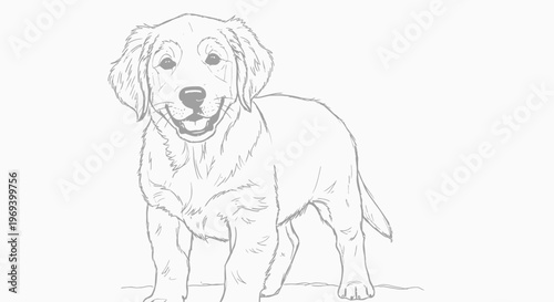 Smiling Golden Retriever Puppy Sketch, Standing with Happy Expression, Detailed Fur.