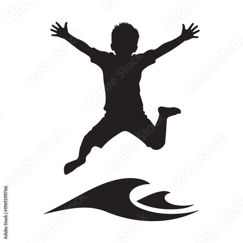 Silhouette of a joyful child jumping over a wave with outstretched arms