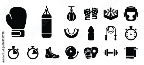 Collection of black silhouette boxing and fitness icons arranged neatly, featuring gloves, punching bags, and training equipment