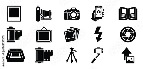 Collection of black photography related icons including cameras, film, frames, and a tripod on a white surface