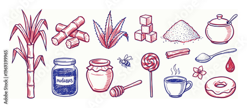 Hand-drawn collection of various sugar and sweetener products, including sugarcane, agave, honey, and molasses, in a vibrant sketch style