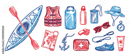 Collection of hand-drawn blue and red outdoor adventure and water sports equipment, including a kayak, life vest, and map, in a sketch style