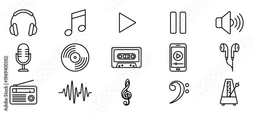 Collection of fifteen black outline music and audio icons, including headphones, a microphone, and a radio, are neatly arranged on a clean white surface