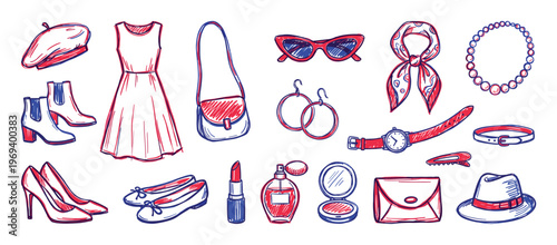Collection of hand-drawn women's fashion accessories and clothing items in red and blue sketch style