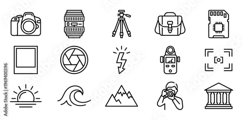 Comprehensive set of photography-related line icons, including a camera, lens, tripod, and other essential equipment, presented in a clean, minimalist style