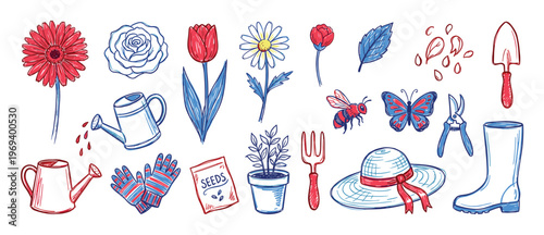 Various hand-drawn gardening tools and elements, including flowers, insects, and equipment, are arranged in a vibrant, playful illustration
