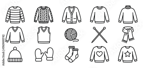 Collection of black outline icons depicting various knitted garments and knitting accessories in a clean, graphic style