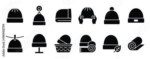 Collection of black silhouette winter hats and beanies in various styles and arrangements, presented as icons