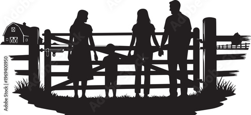Family Standing by Farm Gate Silhouette Vector Illustration Design