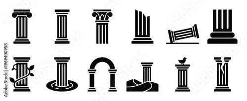 Collection of various black silhouette ancient Greek and Roman column icons, depicting different styles and states of preservation