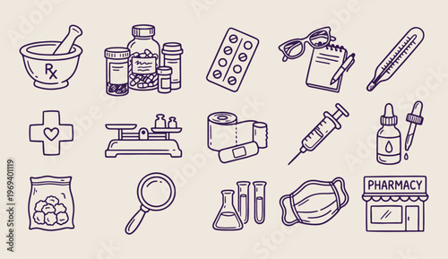 Medical and pharmacy tools, medicine bottle doodle, syringe and pills vector, healthcare line art, laboratory icons pattern, doctor equipment background, hand drawn medical
