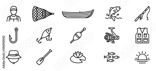 Collection of black outline fishing icons including a fisherman, net, boat, fish, rod, hook, lure, bobber, reel, vest, hat, paddle, lily pad, school of fish, and sunset