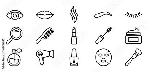 Collection of fifteen black outline beauty and cosmetic icons on a clean white surface, featuring various makeup and personal care items