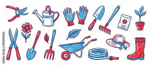 Collection of hand-drawn gardening tools and accessories in red and blue, including gloves, shovel, rake, and watering can