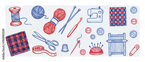 Collection of hand-drawn red and blue sewing and knitting tools and materials on a light gray surface