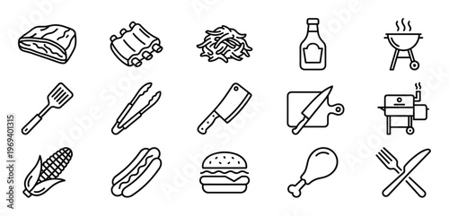 Collection of fifteen black outline barbecue and grilling icons, including food, tools, and equipment, arranged neatly