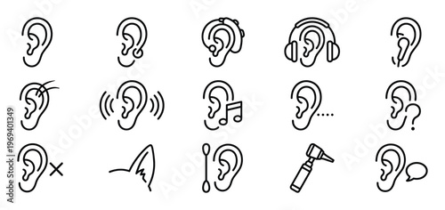 Collection of human ear outline icons depicting hearing, deafness, music, and ear care in a simple, modern style