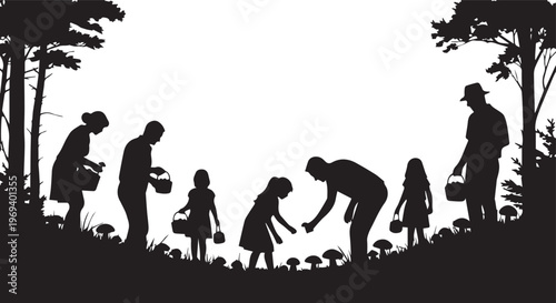 Family Picking Mushrooms in Forest Silhouette Background Vector Illustration