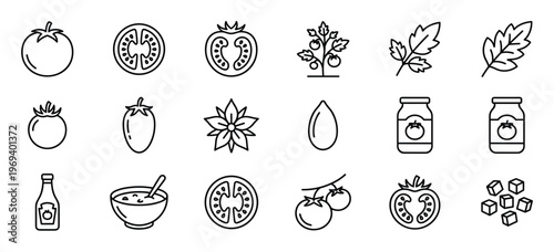 Comprehensive set of black outline tomato icons depicting whole, sliced, plant, leaf, sauce, and soup forms