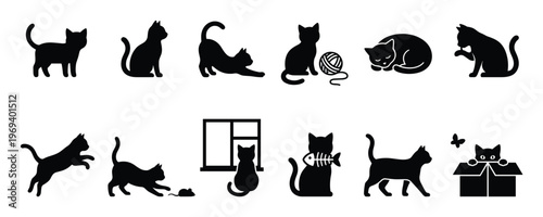 Collection of black cat silhouettes in various playful and relaxed poses, including stretching, sleeping, and hunting