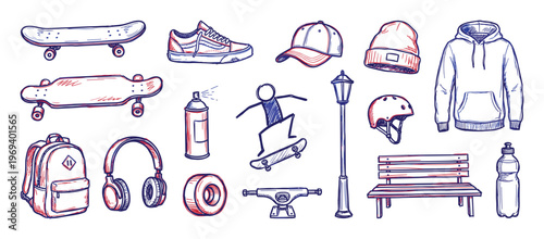Collection of hand-drawn skateboard and urban lifestyle items in blue and red sketch style, featuring various accessories